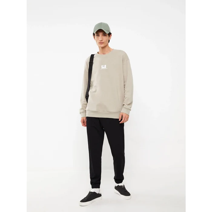 XSIDE Bej Bisiklet Yaka Baskılı Erkek Kalın Sweatshirt