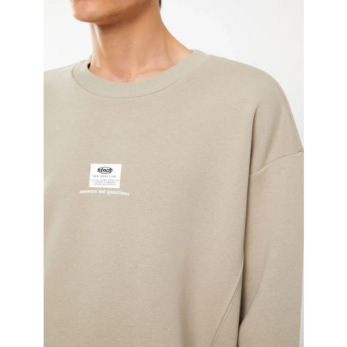 XSIDE Bej Bisiklet Yaka Baskılı Erkek Kalın Sweatshirt