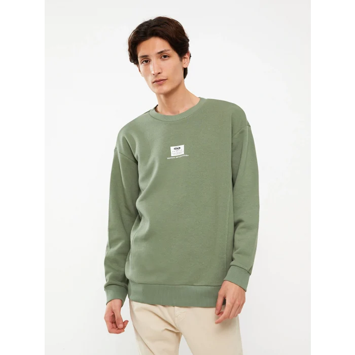 XSIDE Yeşil Bisiklet Yaka Baskılı Erkek Kalın Sweatshirt