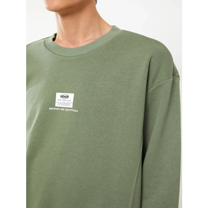 XSIDE Yeşil Bisiklet Yaka Baskılı Erkek Kalın Sweatshirt