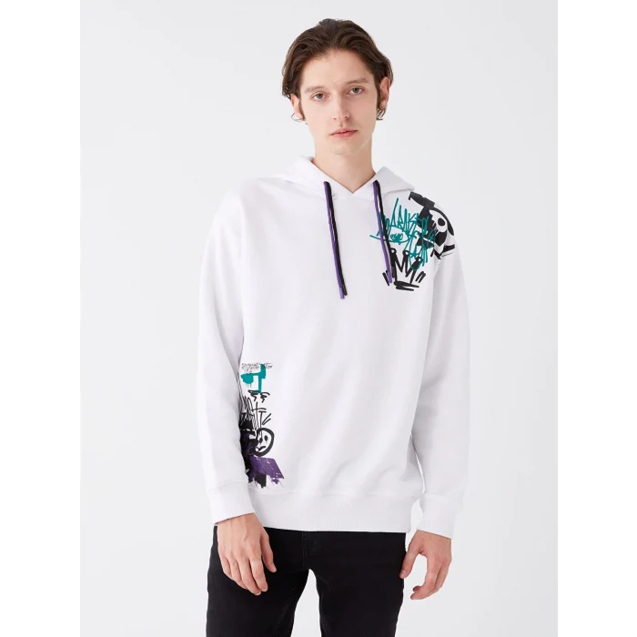 XSIDE Beyaz Uzun Kollu Baskılı Erkek Kalın Hoodie