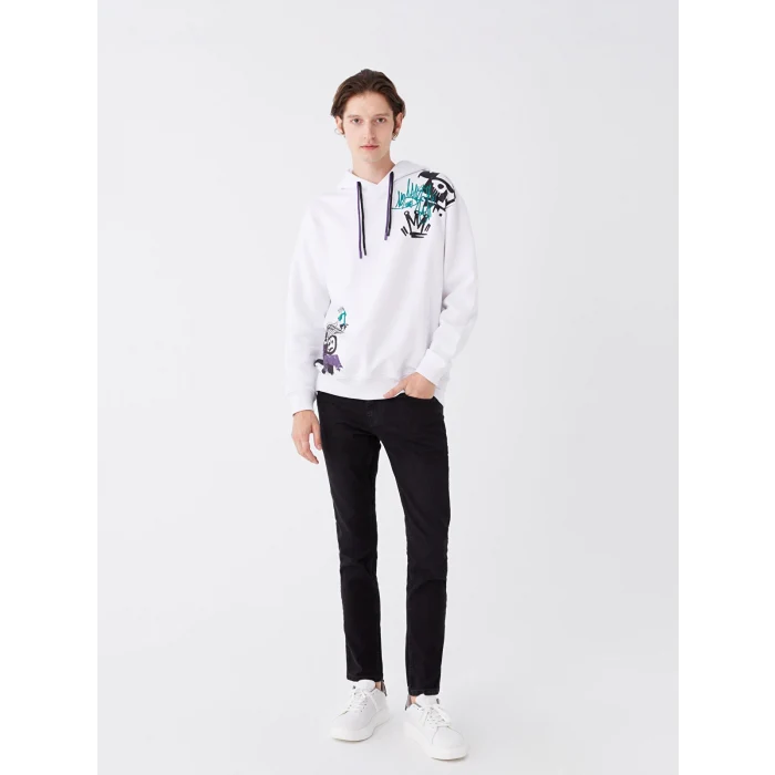 XSIDE Beyaz Uzun Kollu Baskılı Erkek Kalın Hoodie