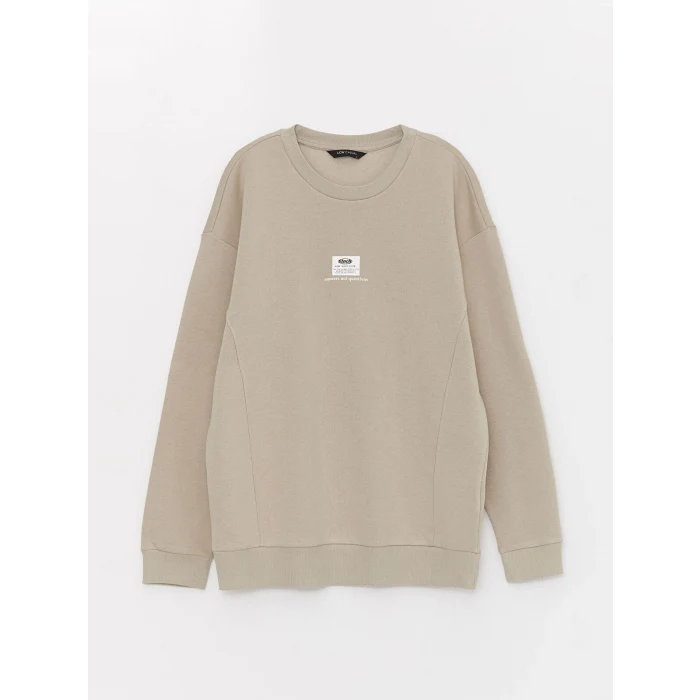 XSIDE Bej Bisiklet Yaka Baskılı Erkek Kalın Sweatshirt