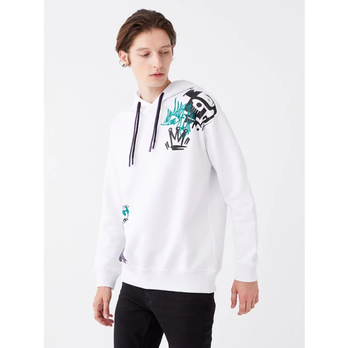 XSIDE Beyaz Uzun Kollu Baskılı Erkek Kalın Hoodie