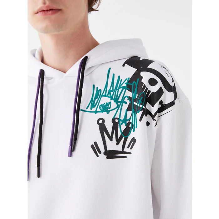 XSIDE Beyaz Uzun Kollu Baskılı Erkek Kalın Hoodie