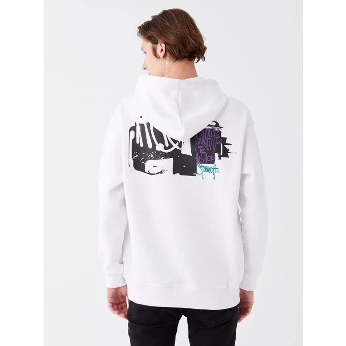 XSIDE Beyaz Uzun Kollu Baskılı Erkek Kalın Hoodie
