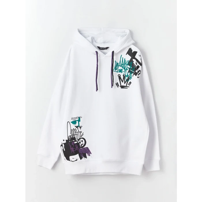 XSIDE Beyaz Uzun Kollu Baskılı Erkek Kalın Hoodie