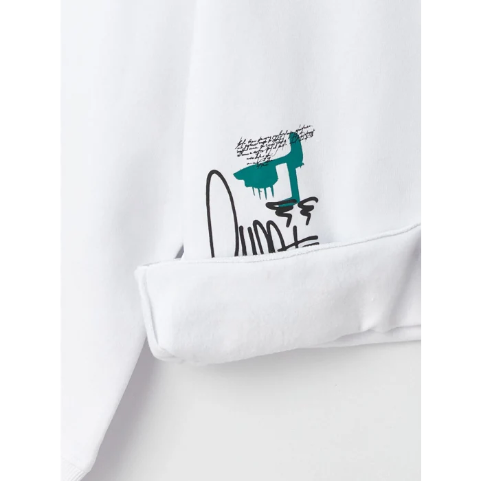 XSIDE Beyaz Uzun Kollu Baskılı Erkek Kalın Hoodie