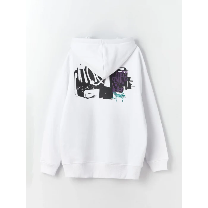 XSIDE Beyaz Uzun Kollu Baskılı Erkek Kalın Hoodie