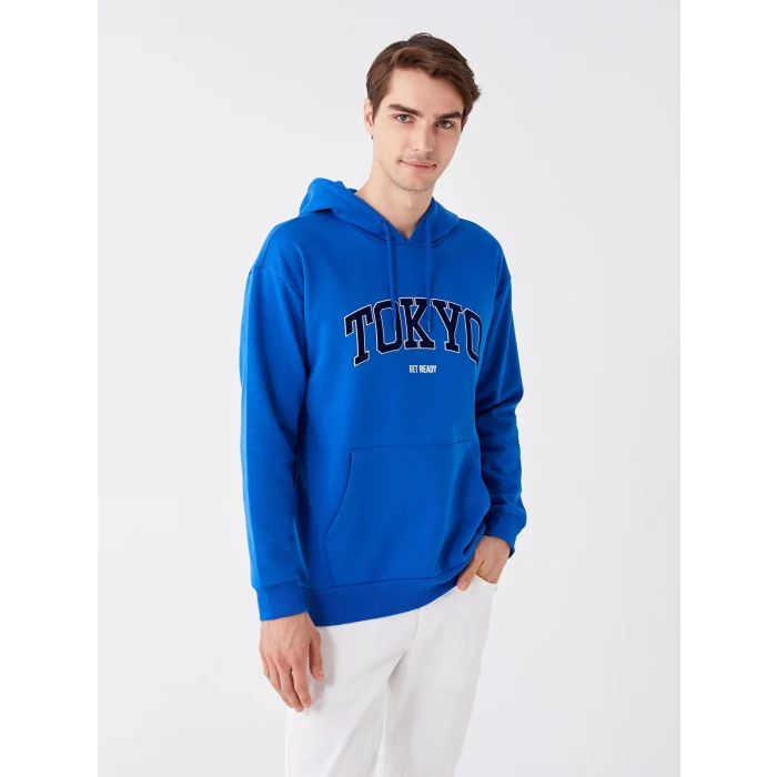 XSIDE Mavi Uzun Kollu Baskılı Erkek Kalın Hoodie