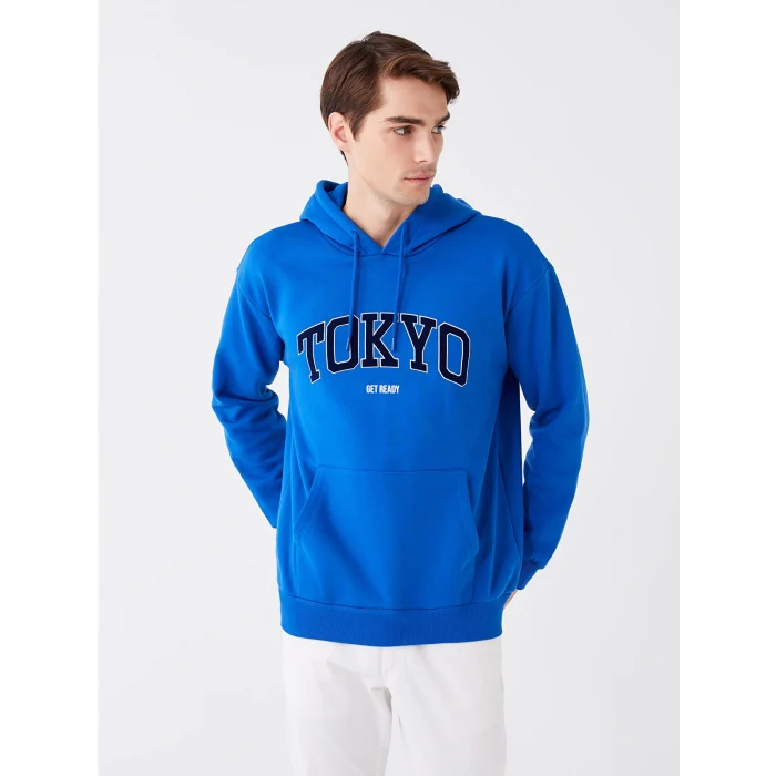 XSIDE Mavi Uzun Kollu Baskılı Erkek Kalın Hoodie