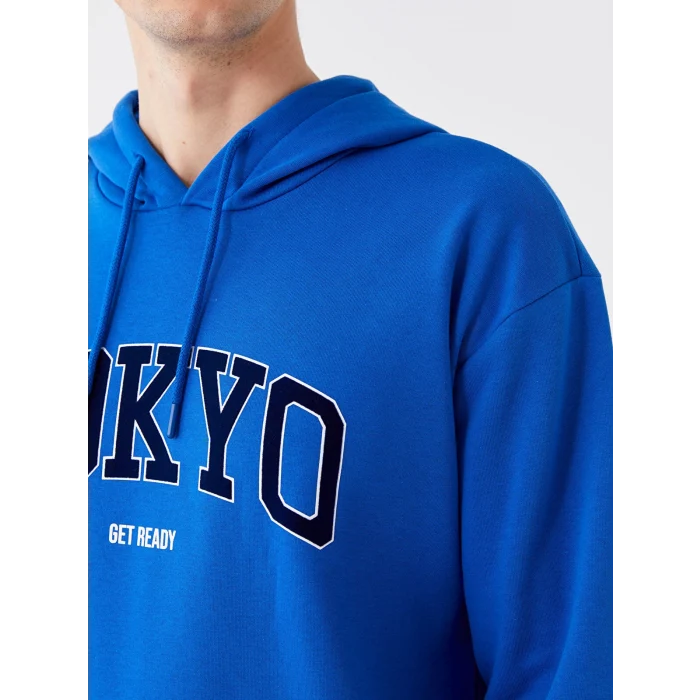 XSIDE Mavi Uzun Kollu Baskılı Erkek Kalın Hoodie