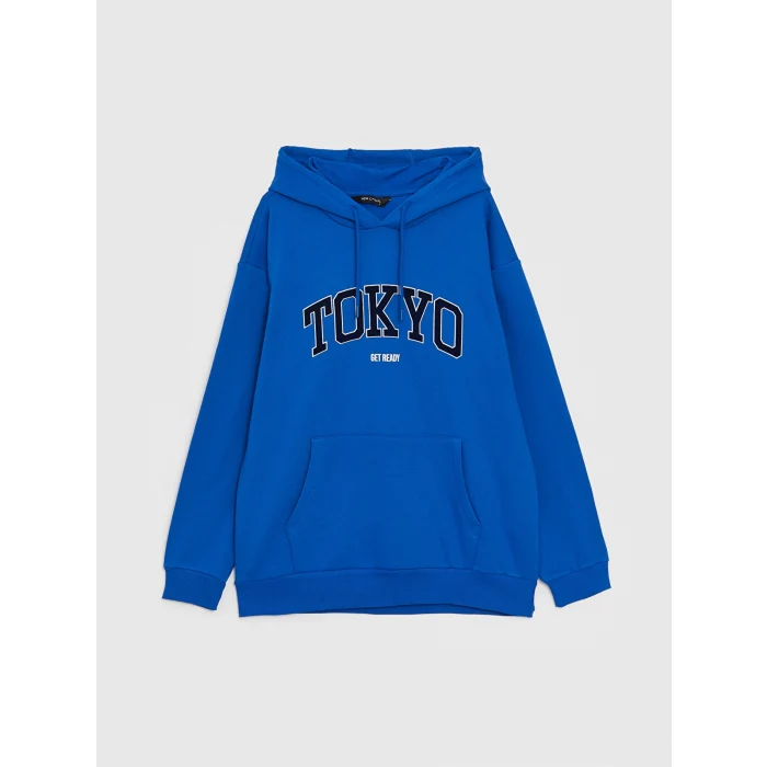 XSIDE Mavi Uzun Kollu Baskılı Erkek Kalın Hoodie