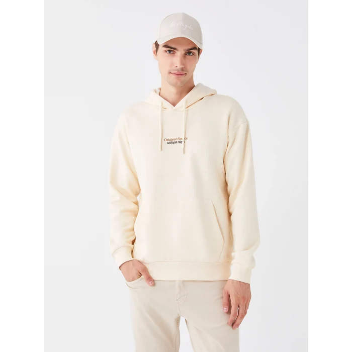 XSIDE Ekru Uzun Kollu Baskılı Erkek Kalın Hoodie