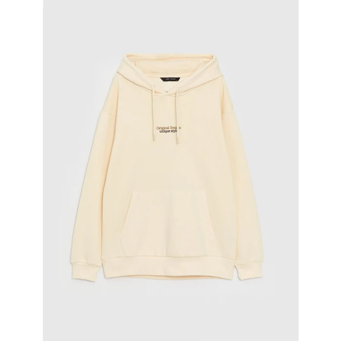 XSIDE Ekru Uzun Kollu Baskılı Erkek Kalın Hoodie