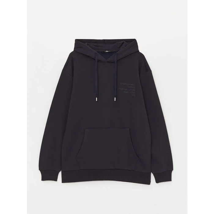 XSIDE Lacivert Uzun Kollu Baskılı Erkek Kalın Hoodie