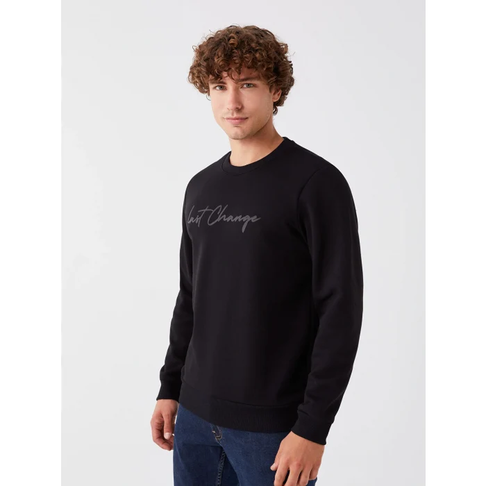 XSIDE Siyah Bisiklet Yaka Baskılı Erkek Kalın Sweatshirt