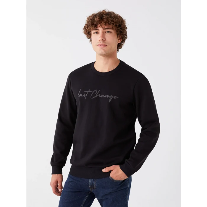 XSIDE Siyah Bisiklet Yaka Baskılı Erkek Kalın Sweatshirt