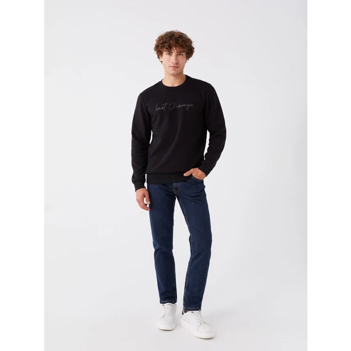 XSIDE Siyah Bisiklet Yaka Baskılı Erkek Kalın Sweatshirt