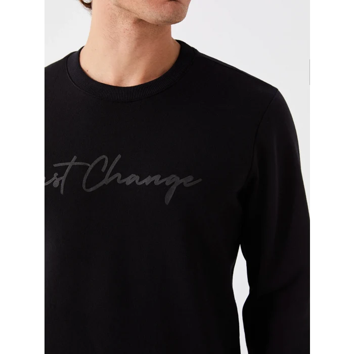 XSIDE Siyah Bisiklet Yaka Baskılı Erkek Kalın Sweatshirt