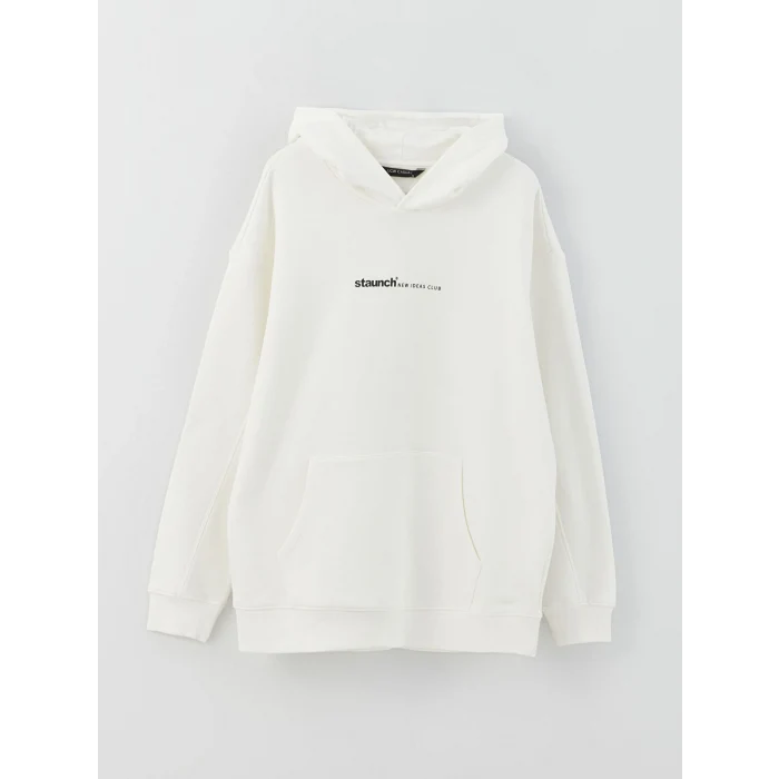 XSIDE Beyaz Uzun Kollu Baskılı Erkek Kalın Hoodie