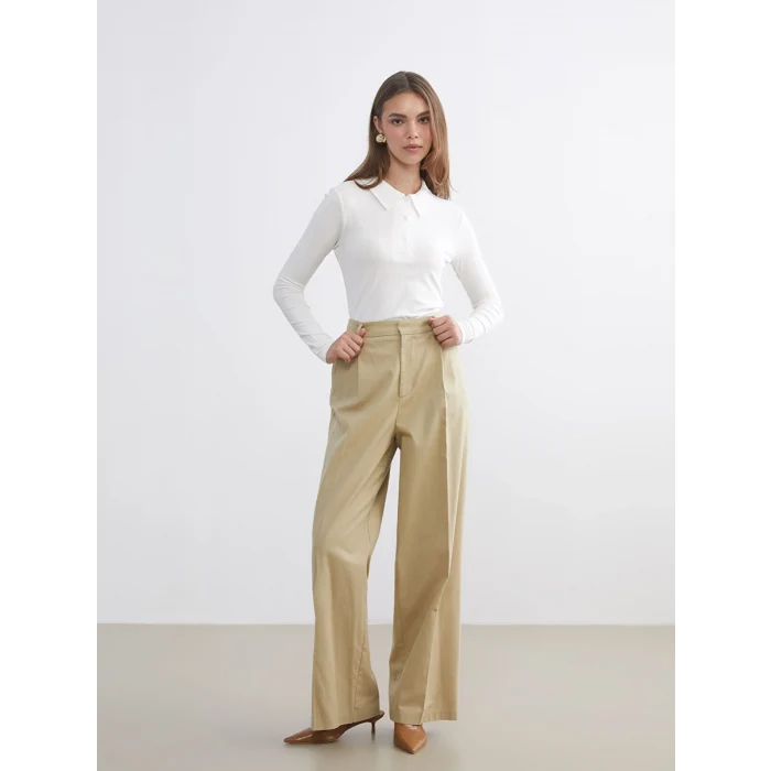 LCW Modest Ekru Polo Yaka Fitilli Kadın Tişört