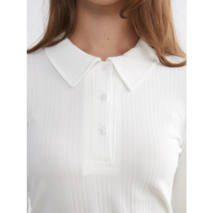 LCW Modest Ekru Polo Yaka Fitilli Kadın Tişört