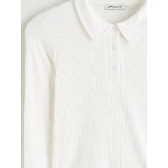 LCW Modest Ekru Polo Yaka Fitilli Kadın Tişört