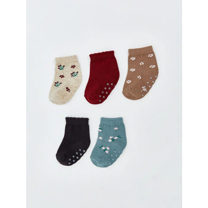 LCW baby Ekru Çiçekli Kız Bebek Soket Çorap 5li
