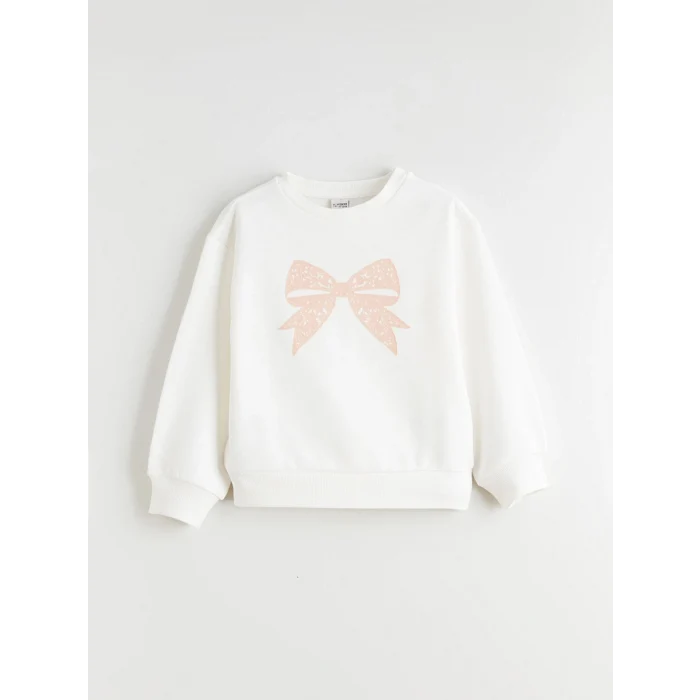 LCW Kids Ekru Bisiklet Yaka Fiyonk Baskılı Kız Çocuk Sweatshirt