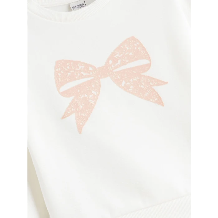 LCW Kids Ekru Bisiklet Yaka Fiyonk Baskılı Kız Çocuk Sweatshirt