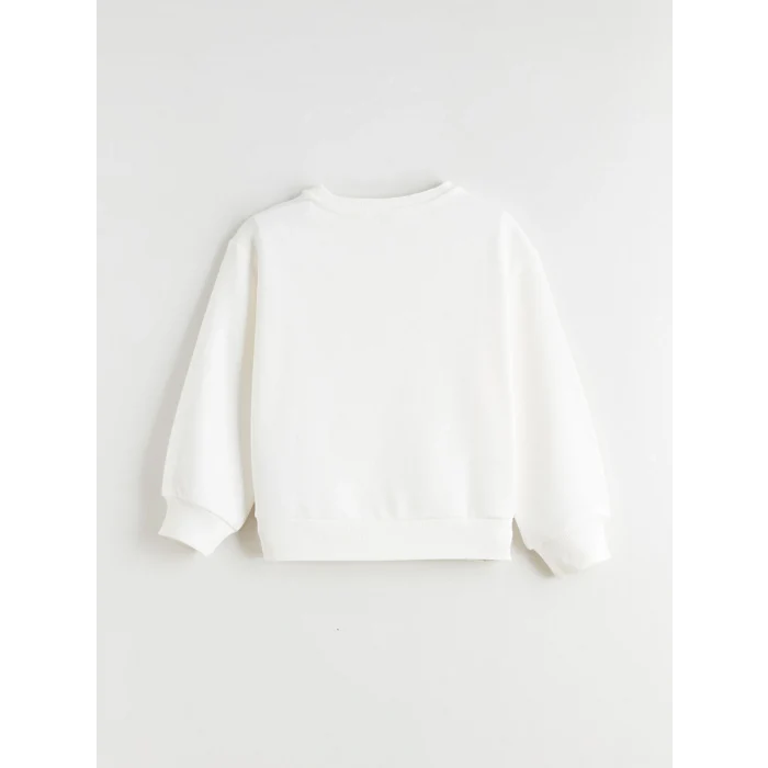 LCW Kids Ekru Bisiklet Yaka Fiyonk Baskılı Kız Çocuk Sweatshirt