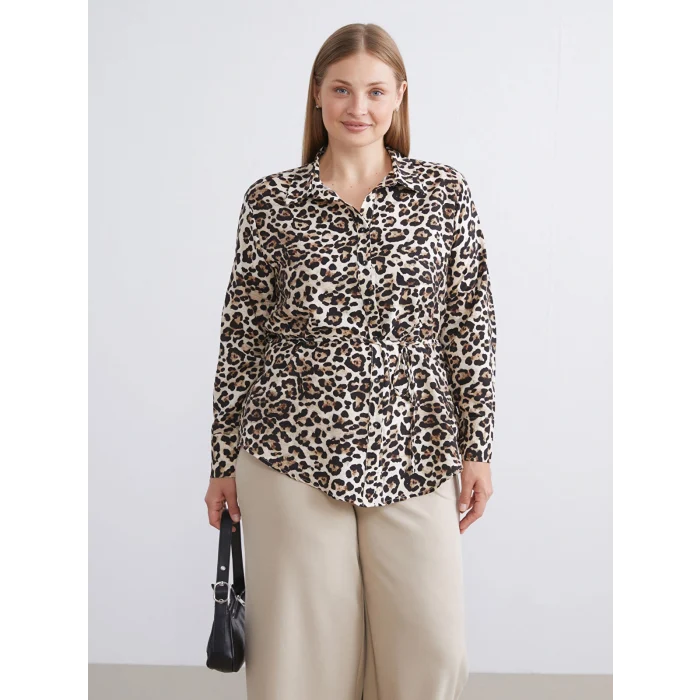 LCWAIKIKI Classic Kahverengi Büyük Beden Leopar Desenli Kadın Gömlek