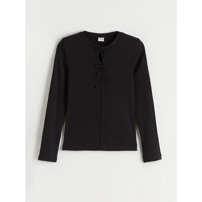 LCW Kids Siyah Bisiklet Yaka Fiyonk Detaylı Kız Çocuk Tişört