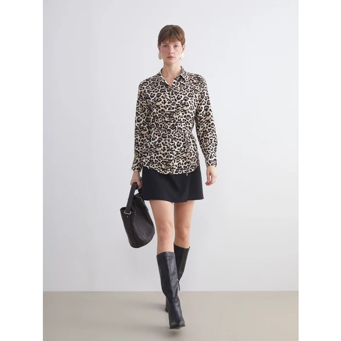 LCWAIKIKI Classic Kahverengi Büyük Beden Leopar Desenli Kadın Gömlek