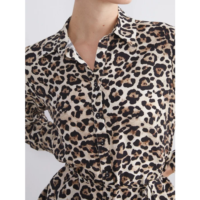 LCWAIKIKI Classic Kahverengi Büyük Beden Leopar Desenli Kadın Gömlek