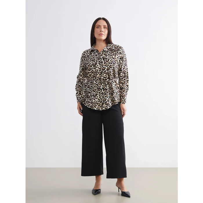 LCWAIKIKI Classic Kahverengi Büyük Beden Leopar Desenli Kadın Gömlek