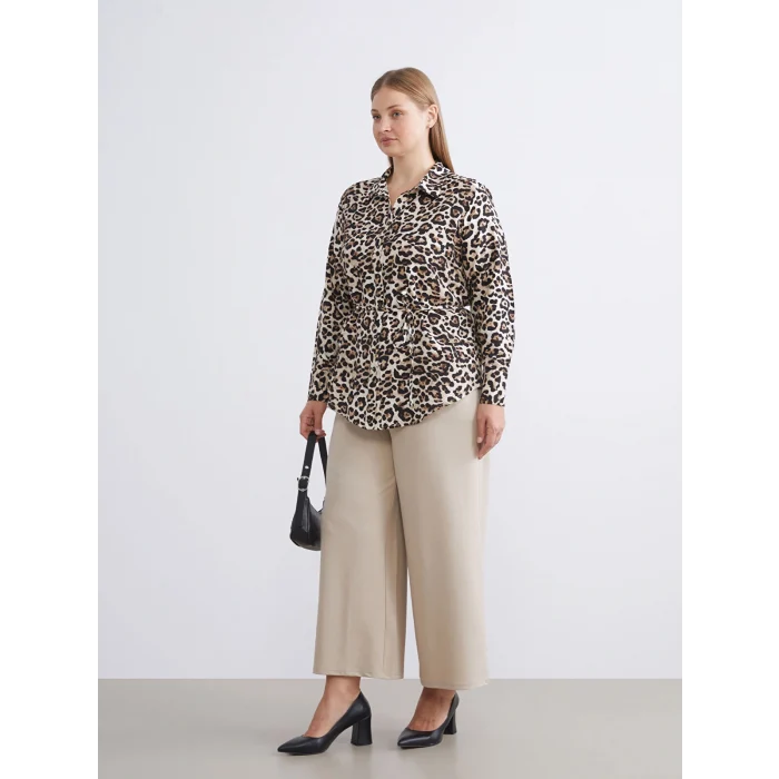 LCWAIKIKI Classic Kahverengi Büyük Beden Leopar Desenli Kadın Gömlek