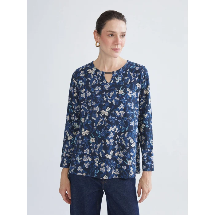 LCW Grace Lacivert Bisiklet Yaka Çiçekli Bluz