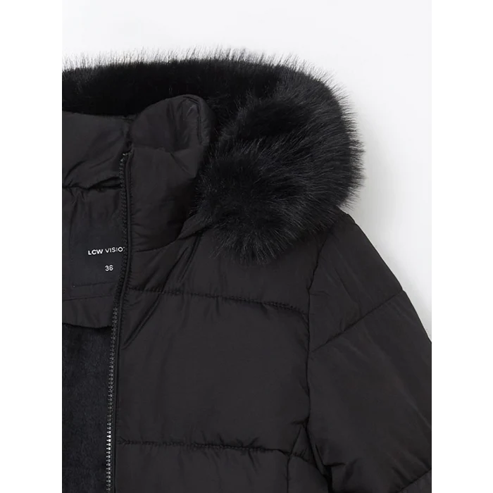 LCW Vision Siyah Kadın Kapüşonlu Düz Şişme Mont