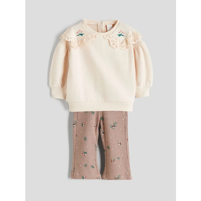 LCW baby Bej Bebe Yaka Kız Bebek Sweatshirt ve Tayt Pantolon