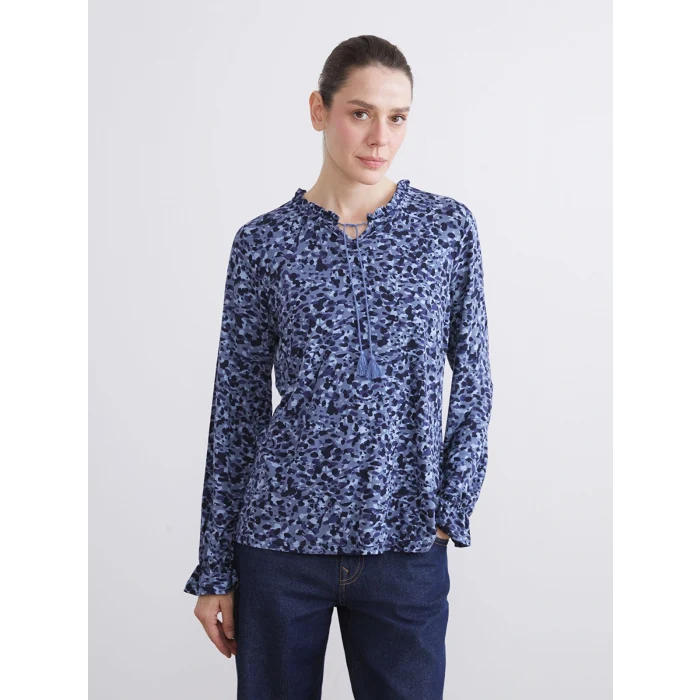 LCW Grace Lacivert Bağlamalı Yaka Desenli Bluz