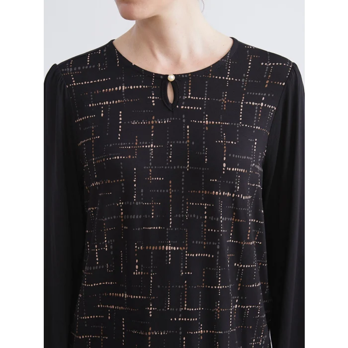 LCW Grace Siyah Bisiklet Yaka Desenli Bluz