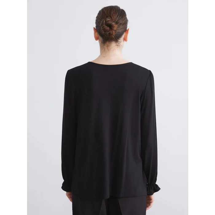 LCW Grace Siyah Bisiklet Yaka Desenli Bluz