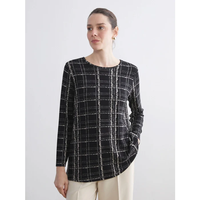 LCW Grace Siyah Bisiklet Yaka Desenli Bluz
