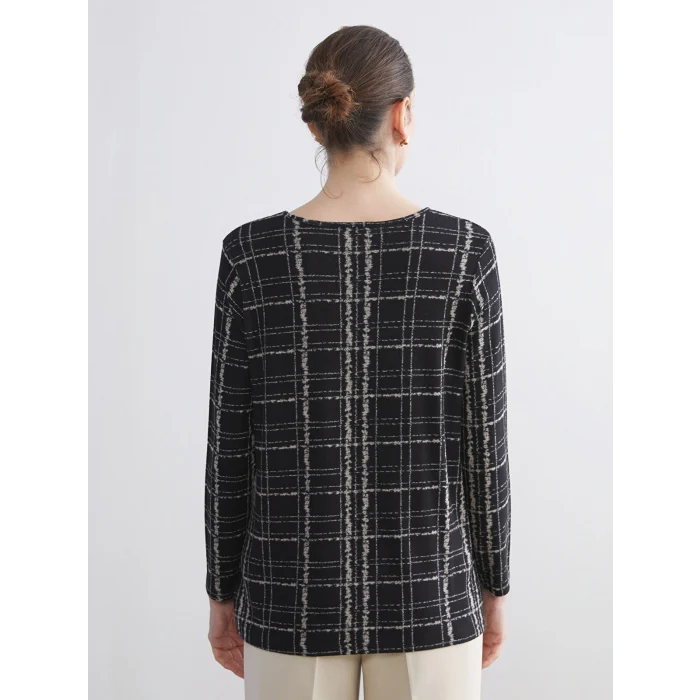 LCW Grace Siyah Bisiklet Yaka Desenli Bluz
