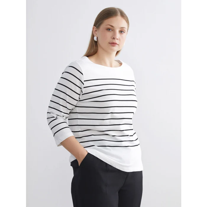 LCWAIKIKI Classic Siyah Bisiklet Yaka Çizgili Kadın Tişört