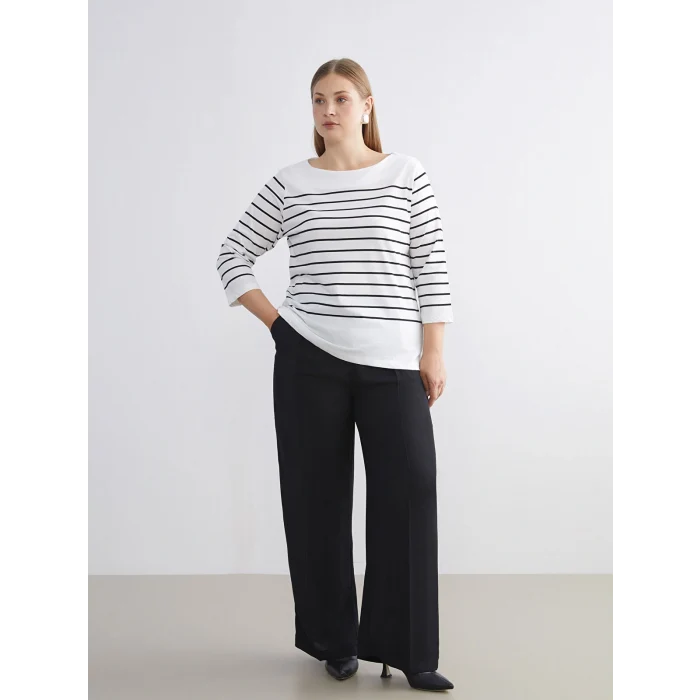 LCWAIKIKI Classic Siyah Bisiklet Yaka Çizgili Kadın Tişört