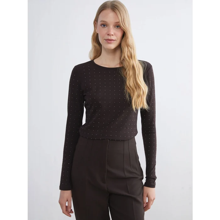 LCWAIKIKI Basic Kahverengi Bisiklet Yaka Taşlı Kadın Tişört