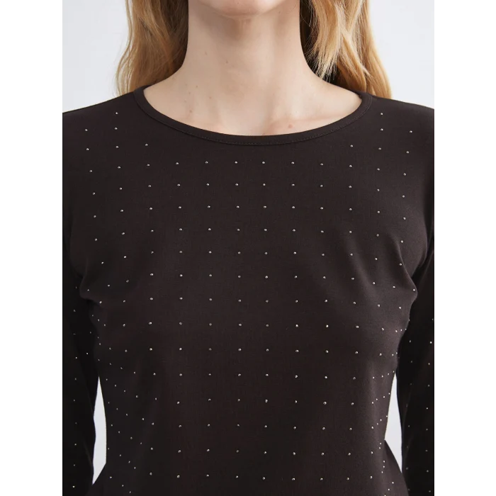 LCWAIKIKI Basic Kahverengi Bisiklet Yaka Taşlı Kadın Tişört